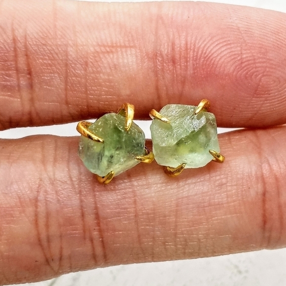 Artisan Jewelry - Raw Green Fluorite Prong Earrings 18K Plated Brass